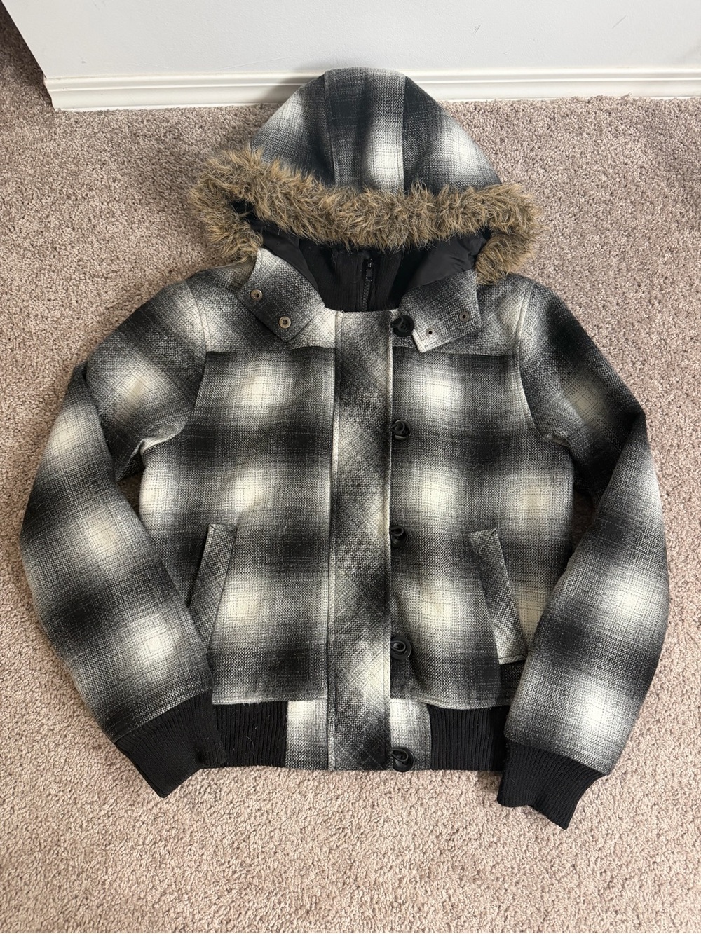Y2K G21 fur lined jacket fall button faux fur plaid